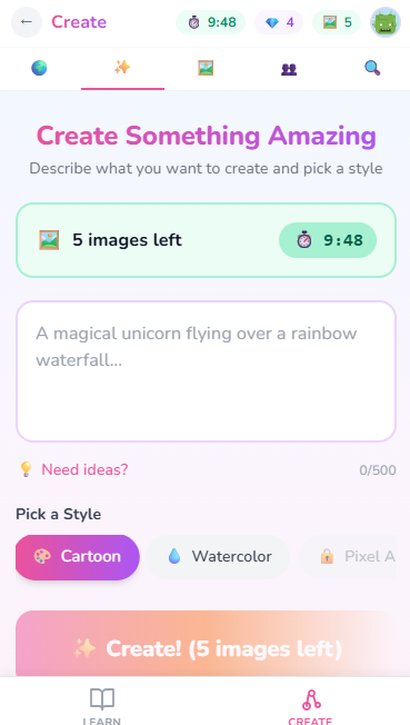 iRainbow Create  - type a prompt and pick an art style to generate AI artwork